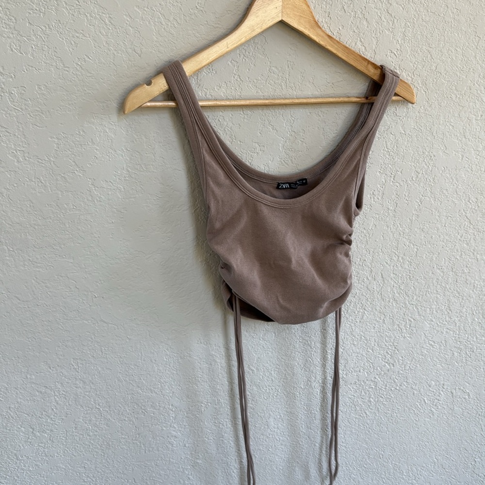 Zara Tan Ribbed Crop Top with Ruching - Picture 2 of 5